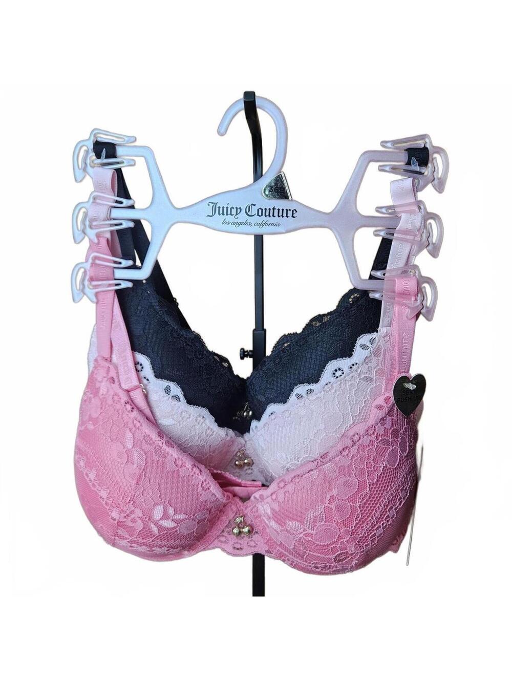 Juicy Couture 3 Pack Lace Push Up Bras Cherry Charm Pink 36B NWT